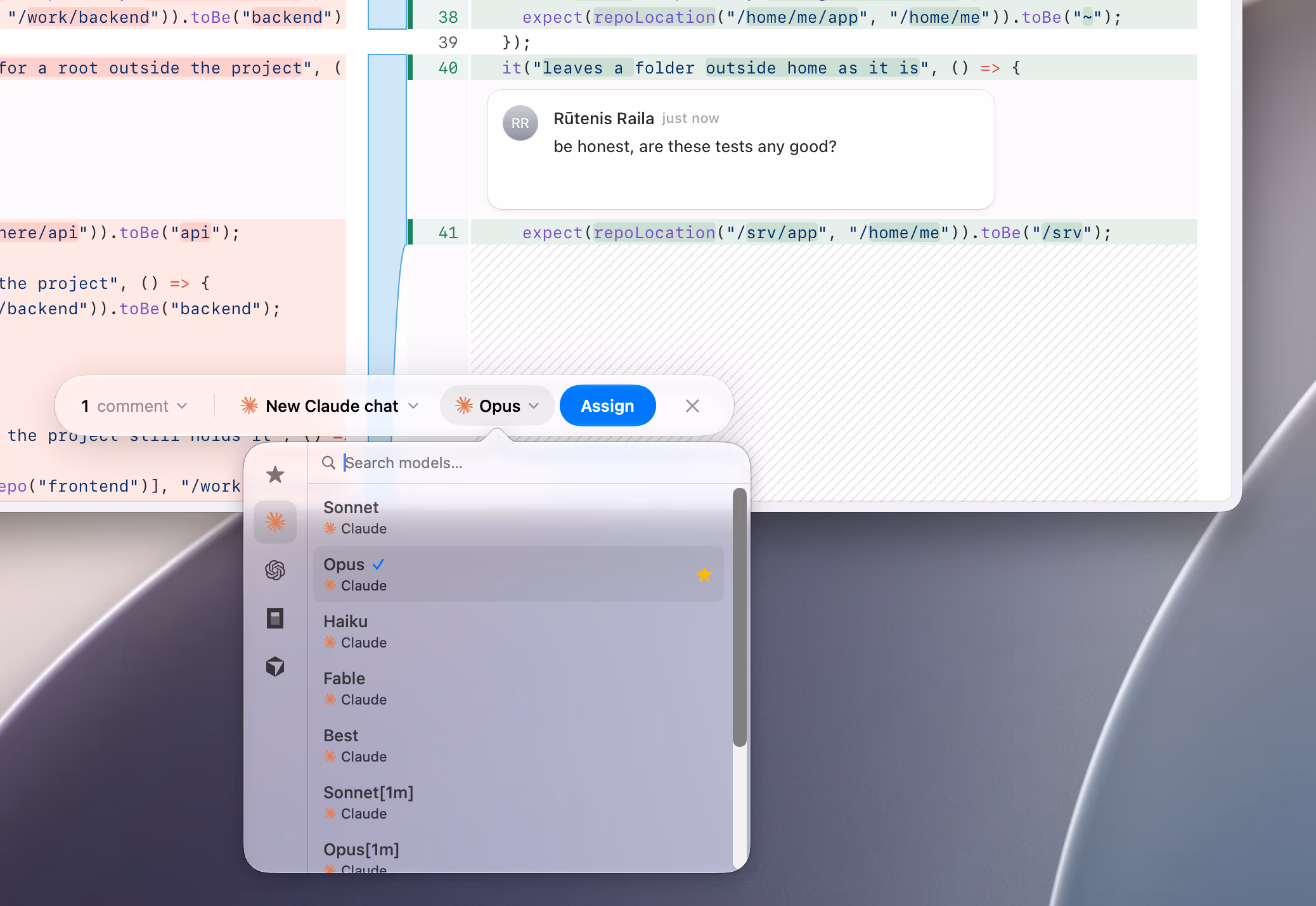 A comment on a line of code, being assigned to a new Claude chat with its model picker open