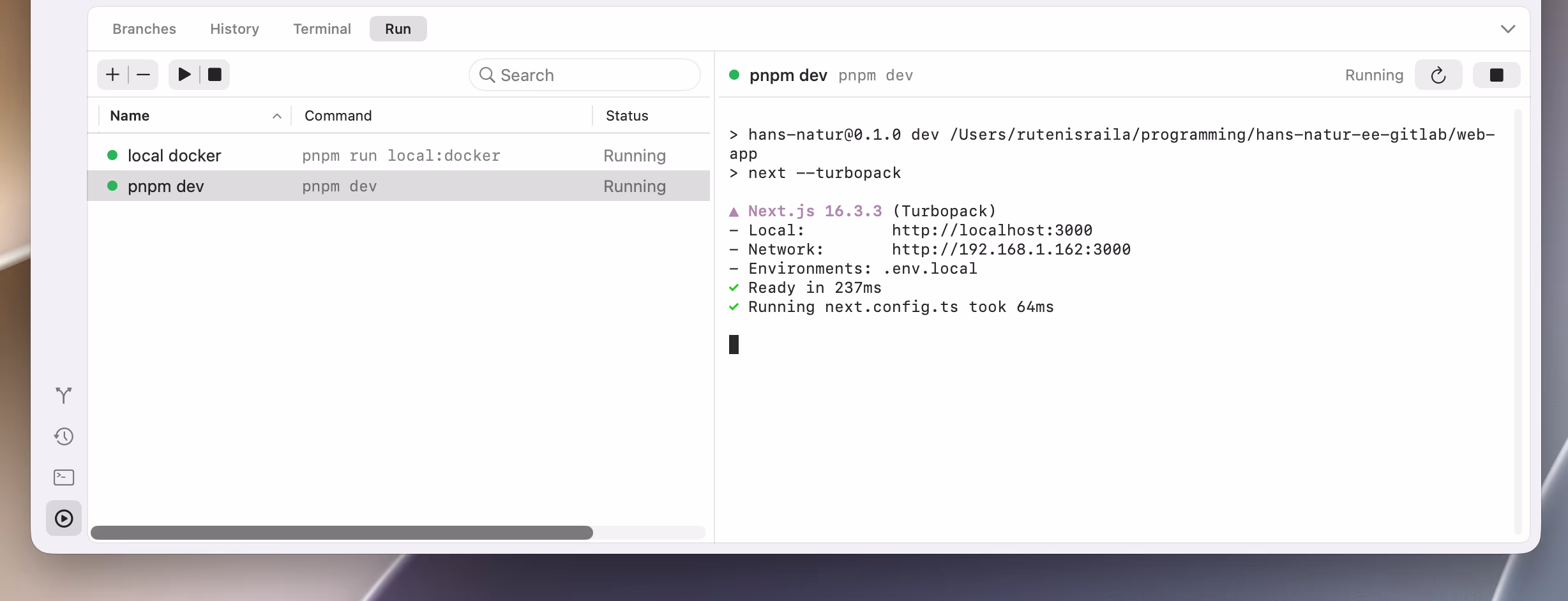 The Run panel, with local services running and the dev server's logs